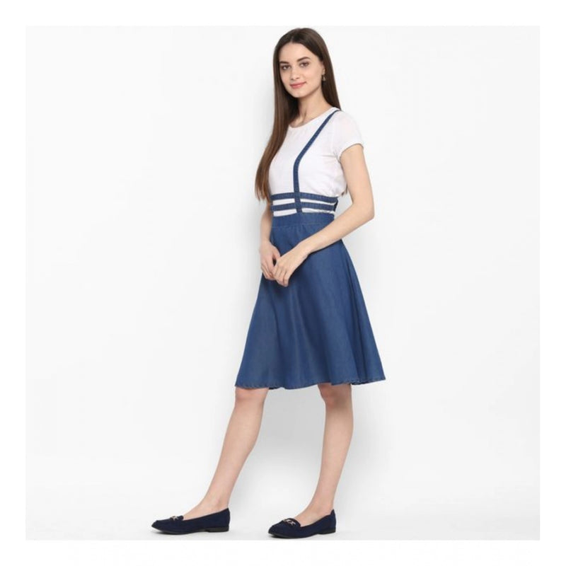 Mayawye Women's Denim Solid Shoulder Straps Below Knee Dress (Blue)