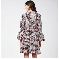Mayawye Women's Polyester Animal Print Bell Sleeve Above Knee Dress (Pink - Black)