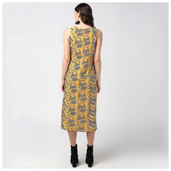 Mayawye Women's Polyester Chain Print Sleeveless Below Knee Dress (Yellow - Black)
