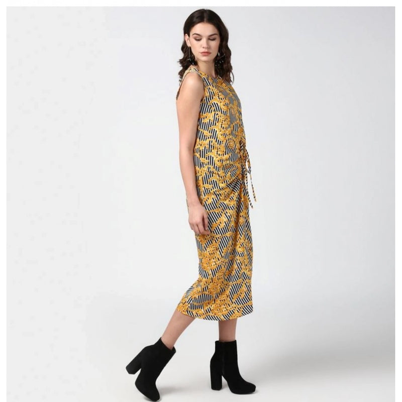 Mayawye Women's Polyester Chain Print Sleeveless Below Knee Dress (Yellow - Black)