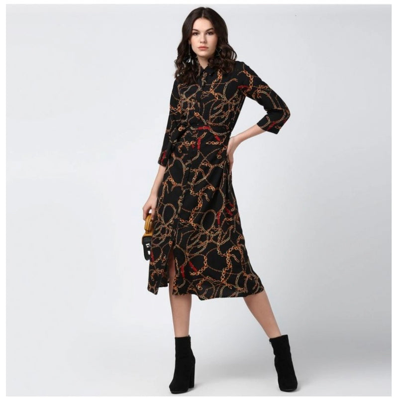 Mayawye Women's Polyester Chain Print Roll Up Sleeve Below Knee Dress (Black - Yellow)