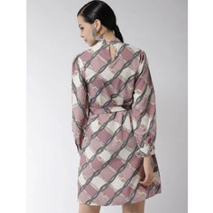 Mayawye Women's Polyester Checkered Long Sleeves Above Knee Dress (Off White - Lavender)