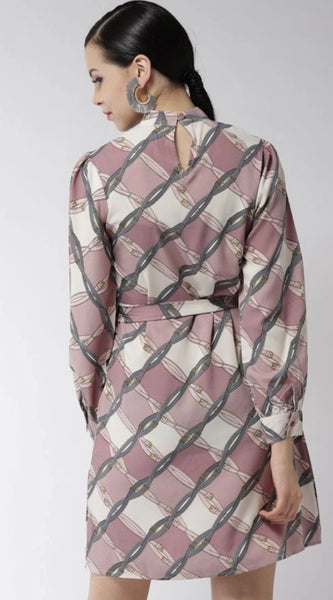 Mayawye Women's Polyester Checkered Long Sleeves Above Knee Dress (Off White - Lavender)