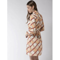 Mayawye Women's Polyester Printed Roll Up Sleeve Above Knee Dress (Off White - Brown)