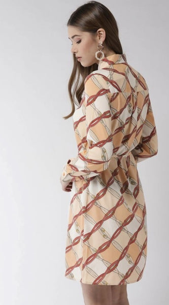 Mayawye Women's Polyester Printed Roll Up Sleeve Above Knee Dress (Off White - Brown)