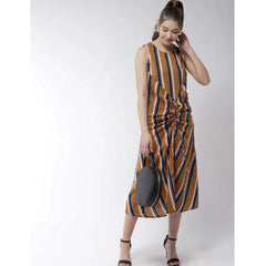Mayawye Women's Polyester Striped Sleeveless Below Knee Dress (Mustard)