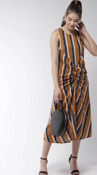 Mayawye Women's Polyester Striped Sleeveless Below Knee Dress (Mustard)