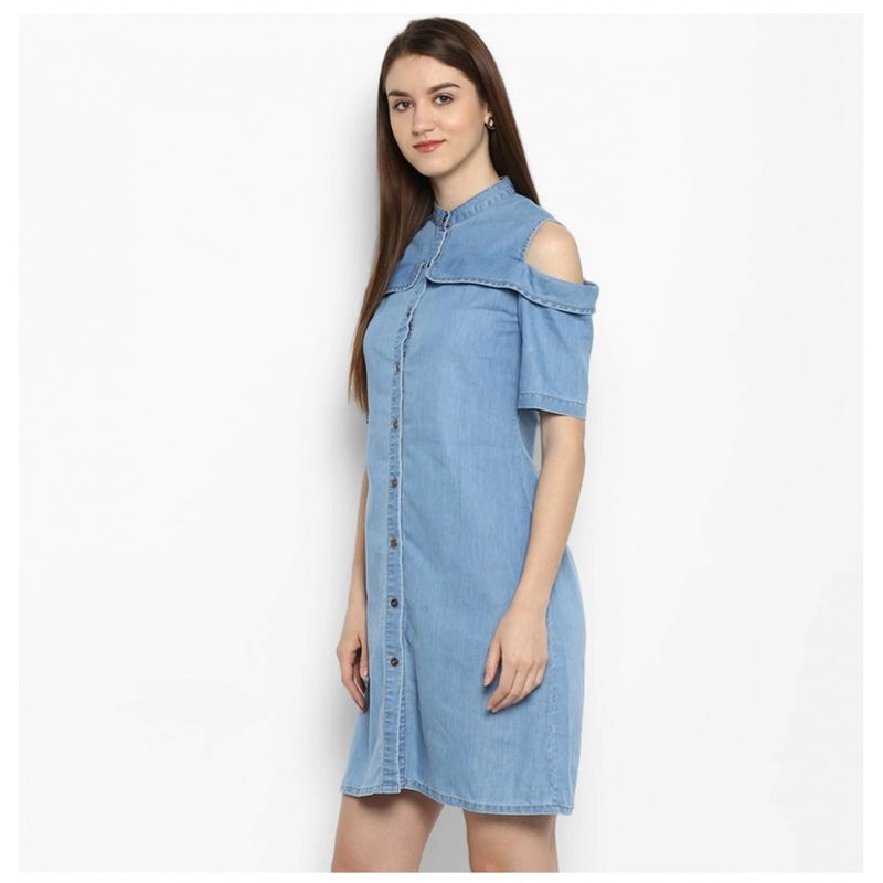 Mayawye Women's Denim Solid Cold Shoulder Above Knee Dress (Blue)