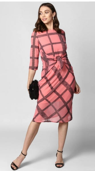 Mayawye Women's Polyester Checkered 3-4th Sleeves Below Knee Dress (Pink - Black)