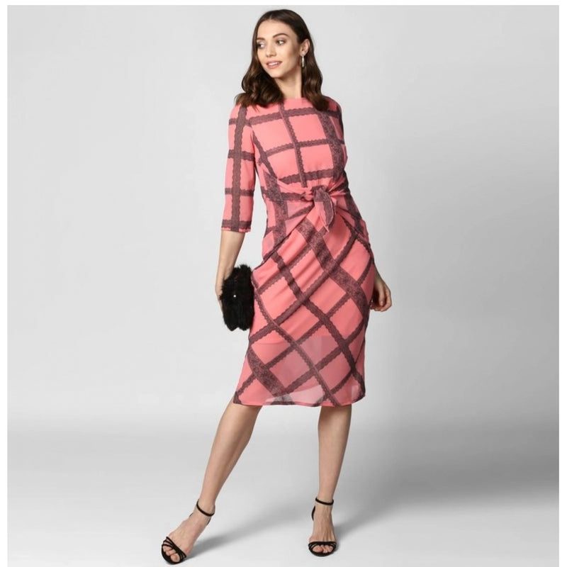 Mayawye Women's Polyester Checkered 3-4th Sleeves Below Knee Dress (Pink - Black)