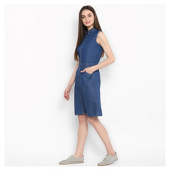 Mayawye Women's Denim Solid Sleeveless Above Knee Dress (Blue)