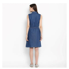 Mayawye Women's Denim Solid Sleeveless Above Knee Dress (Blue)
