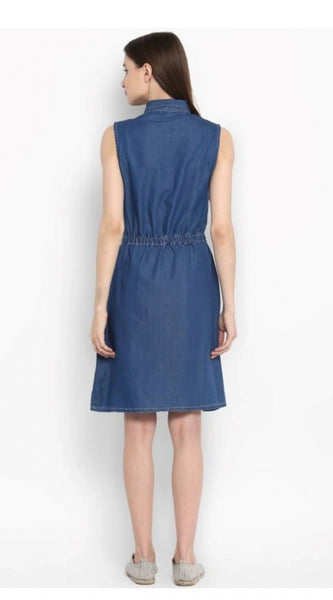 Mayawye Women's Denim Solid Sleeveless Above Knee Dress (Blue)