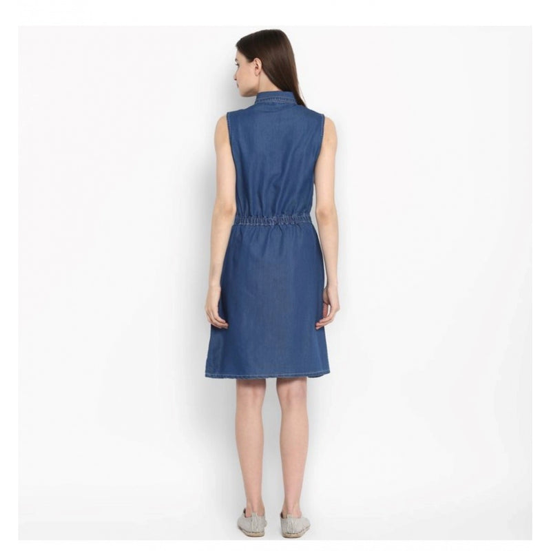 Mayawye Women's Denim Solid Sleeveless Above Knee Dress (Blue)