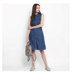 Mayawye Women's Denim Solid Sleeveless Above Knee Dress (Blue)