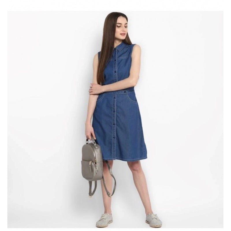 Mayawye Women's Denim Solid Sleeveless Above Knee Dress (Blue)