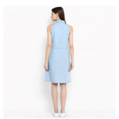 Mayawye Women's Denim Solid Sleeveless Below Knee Dress (Blue)