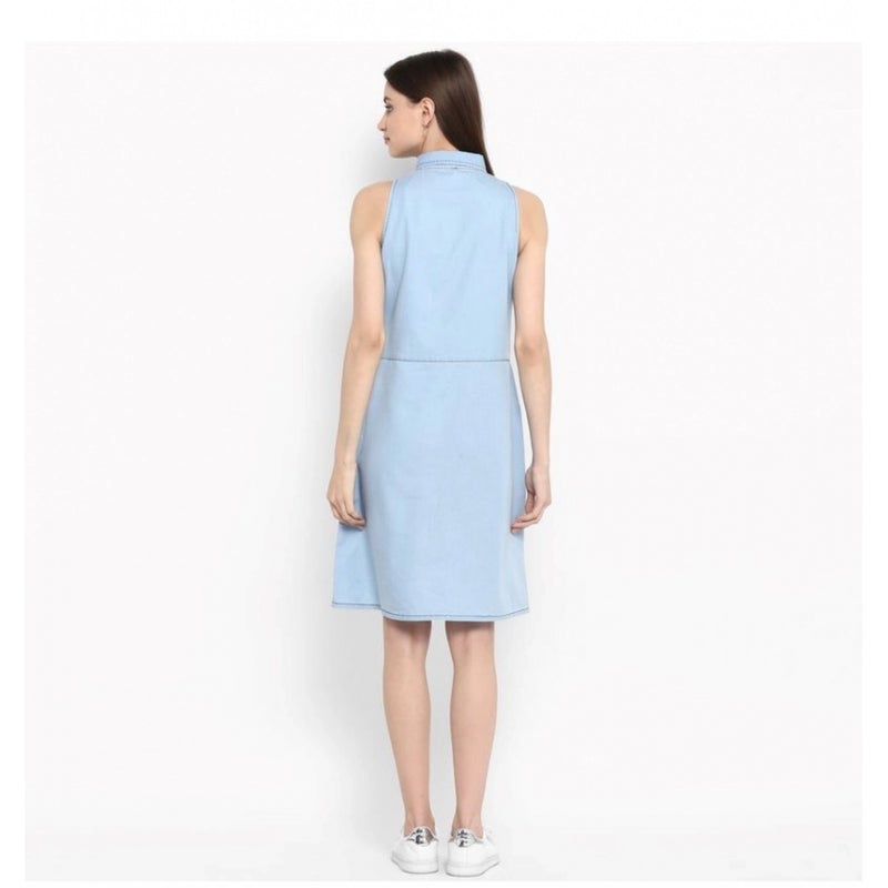 Mayawye Women's Denim Solid Sleeveless Below Knee Dress (Blue)