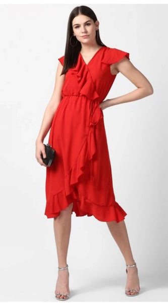 Mayawye Women's Polyester Ruffled Cap Sleeve Knee-Length Dress (Red)