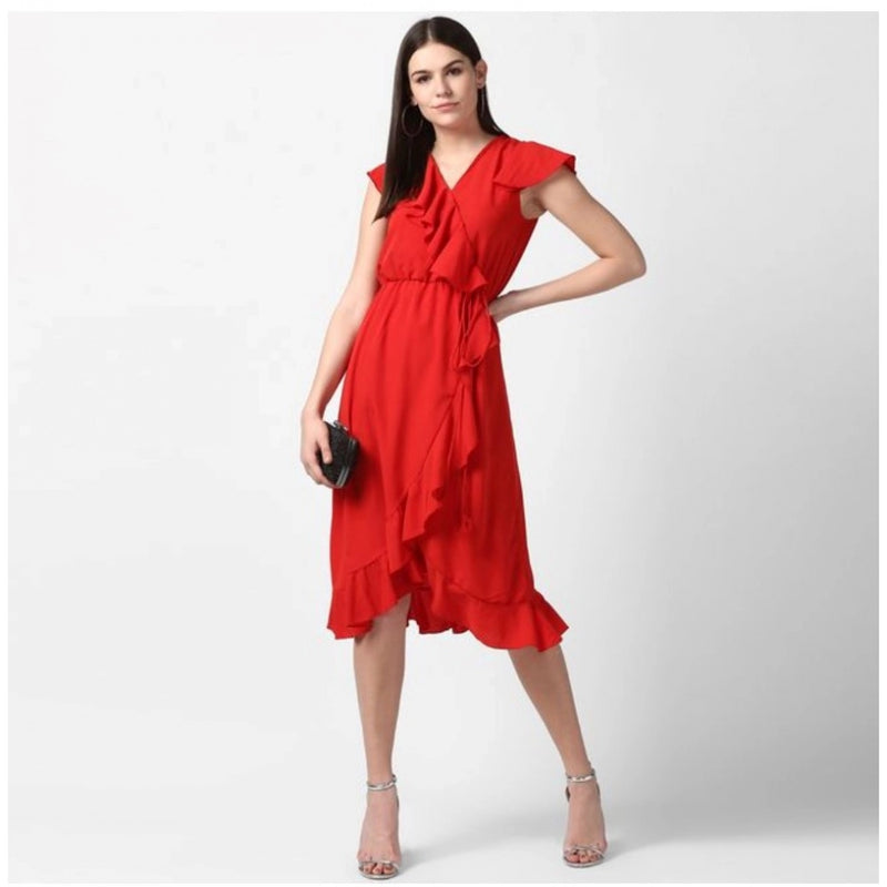 Mayawye Women's Polyester Ruffled Cap Sleeve Knee-Length Dress (Red)