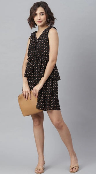 Mayawye Women's Polyester Peplum Sleeveless Above Knee Dress (Black)