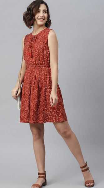 Mayawye Women's Rayon Polka Sleeveless Above Knee Dress (Rust)