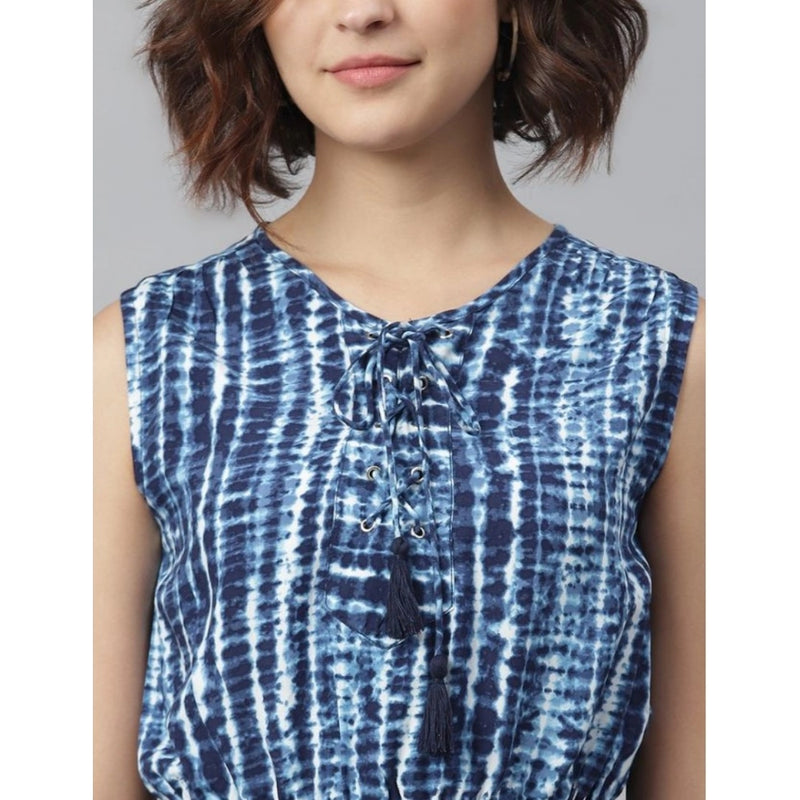 Mayawye Women's Rayon Tie & Dye Sleeveless Above Knee Dress (Blue)