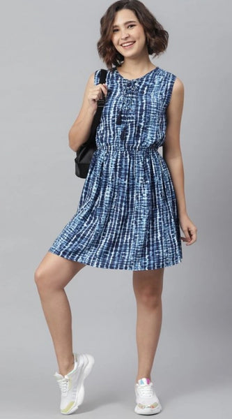 Mayawye Women's Rayon Tie & Dye Sleeveless Above Knee Dress (Blue)