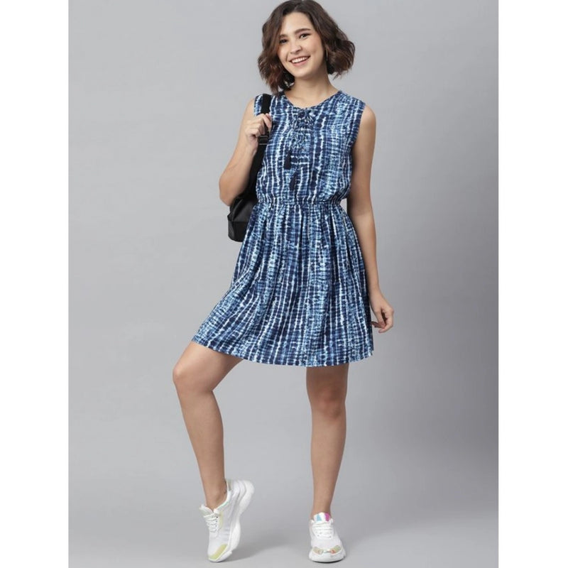 Mayawye Women's Rayon Tie & Dye Sleeveless Above Knee Dress (Blue)