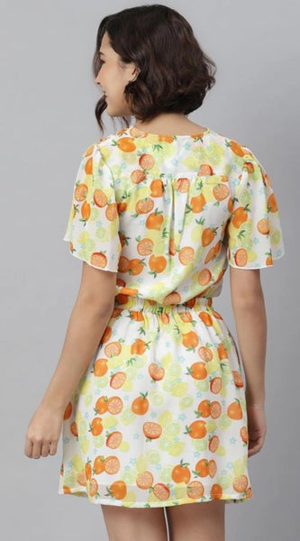 Mayawye Women's Polyester Printed Flutter Above Knee Dress (Orange - Yellow)
