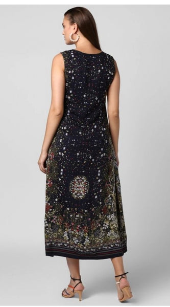 Mayawye Women's Rayon Floral Sleeveless Calf-length Dress (Black)