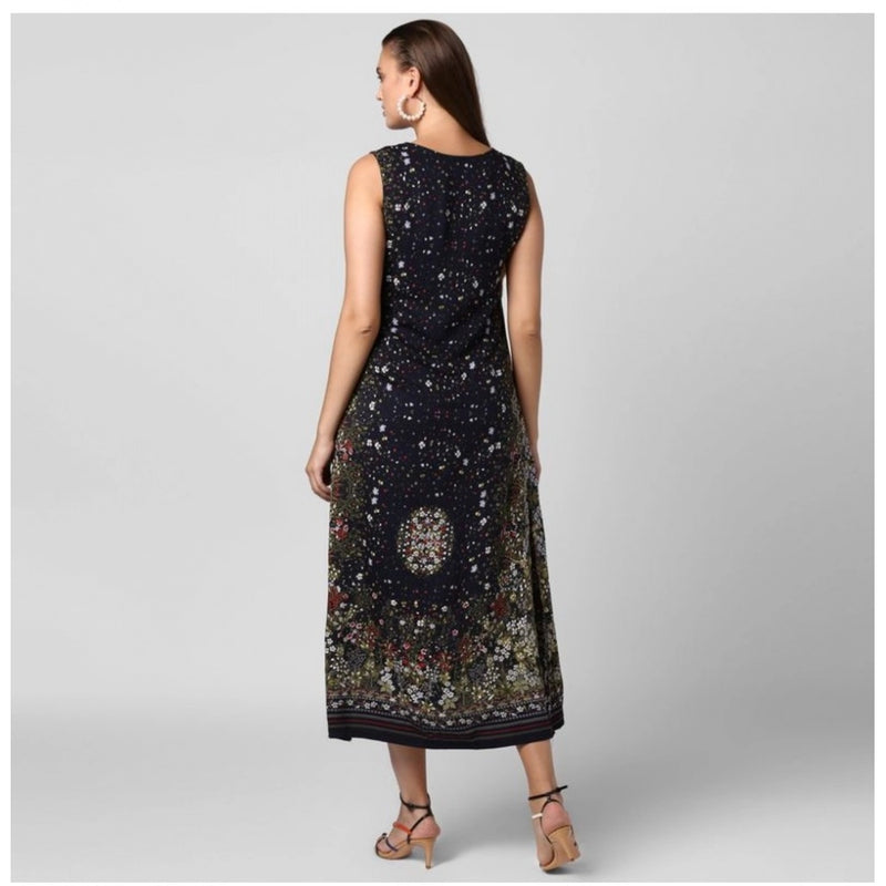 Mayawye Women's Rayon Floral Sleeveless Calf-length Dress (Black)