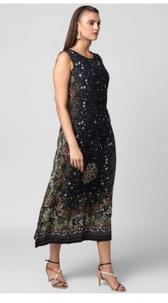 Mayawye Women's Rayon Floral Sleeveless Calf-length Dress (Black)