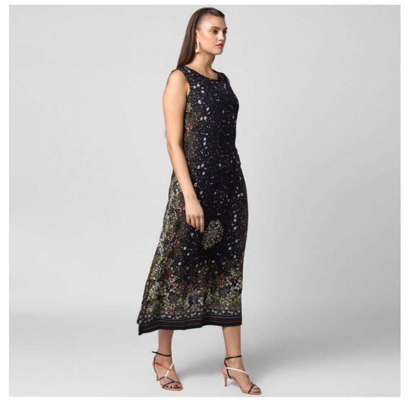 Mayawye Women's Rayon Floral Sleeveless Calf-length Dress (Black)