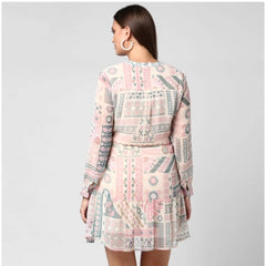 Mayawye Women's Polyester Printed Long Sleeves Above Knee Dress (Light Pink - Off White)