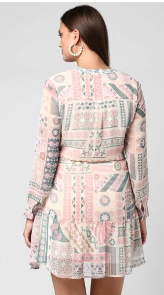 Mayawye Women's Polyester Printed Long Sleeves Above Knee Dress (Light Pink - Off White)