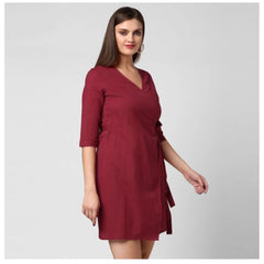 Mayawye Women's Cotton Solid 3-4th Sleeves Above Knee Dress (Maroon)