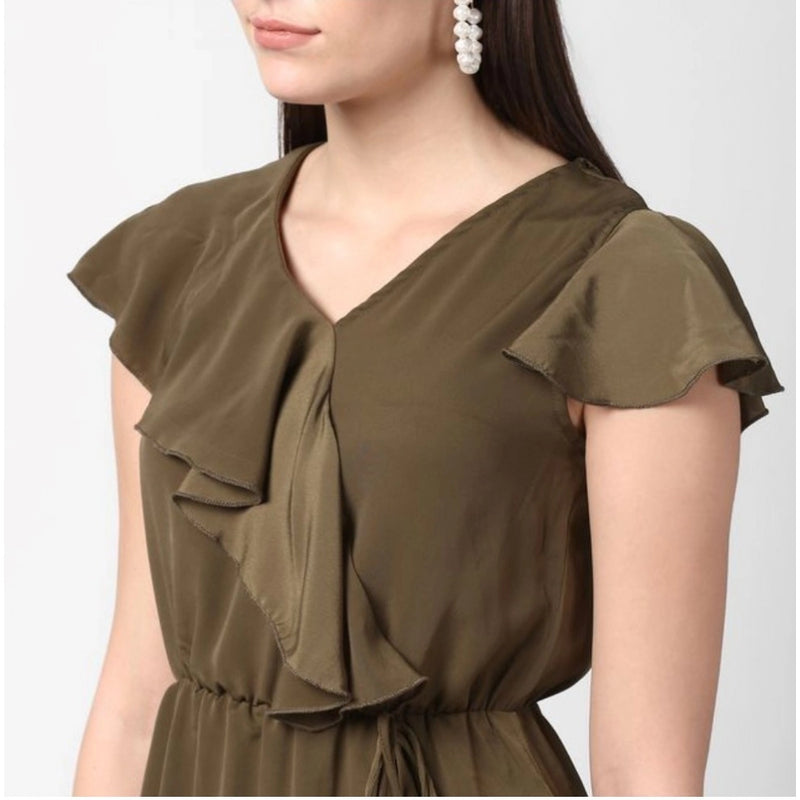 Mayawye Women's Polyester Ruffled Cap Sleeve Knee-Length Dress (Olive)