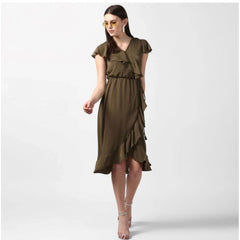 Mayawye Women's Polyester Ruffled Cap Sleeve Knee-Length Dress (Olive)