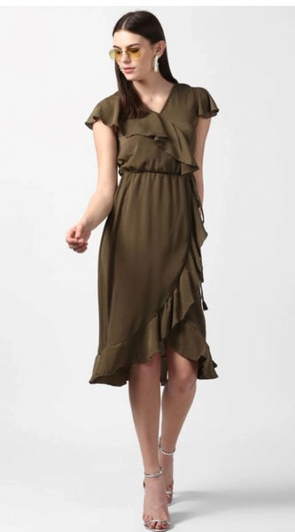 Mayawye Women's Polyester Ruffled Cap Sleeve Knee-Length Dress (Olive)