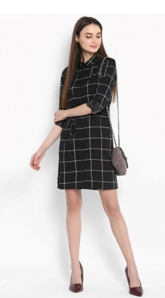 Mayawye Women's Polyester Checkered Roll Up Sleeve Above Knee Dress (Black - White)