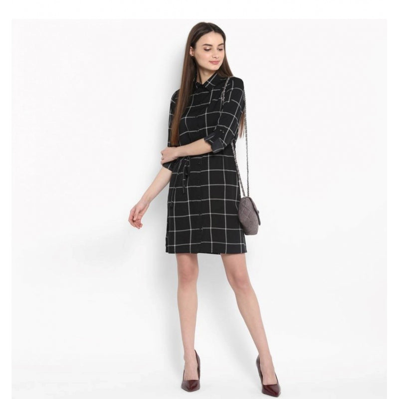 Mayawye Women's Polyester Checkered Roll Up Sleeve Above Knee Dress (Black - White)