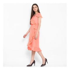 Mayawye Women's Polyester Ruffled Cap Sleeve Below Knee Dress (Neon Pink)