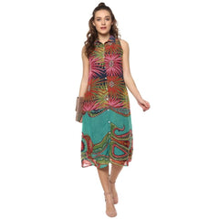 Mayawye Women's Polyester Floral Sleeveless Below Knee Dress (Multicolor)