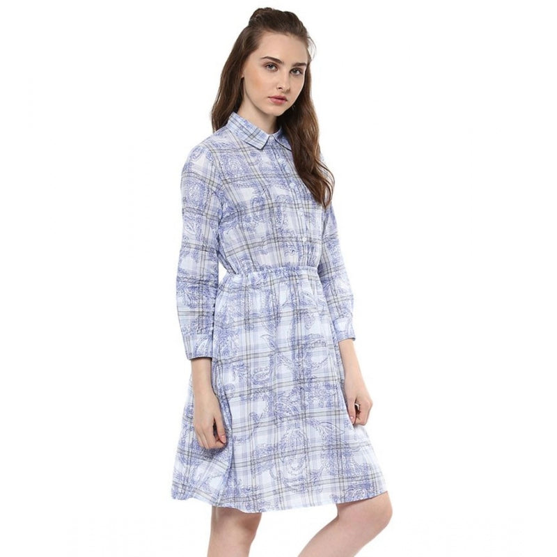 Mayawye Women's Cotton Checkered Roll Up Sleeve Above Knee Dress (Blue)