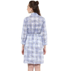 Mayawye Women's Cotton Checkered Roll Up Sleeve Above Knee Dress (Blue)