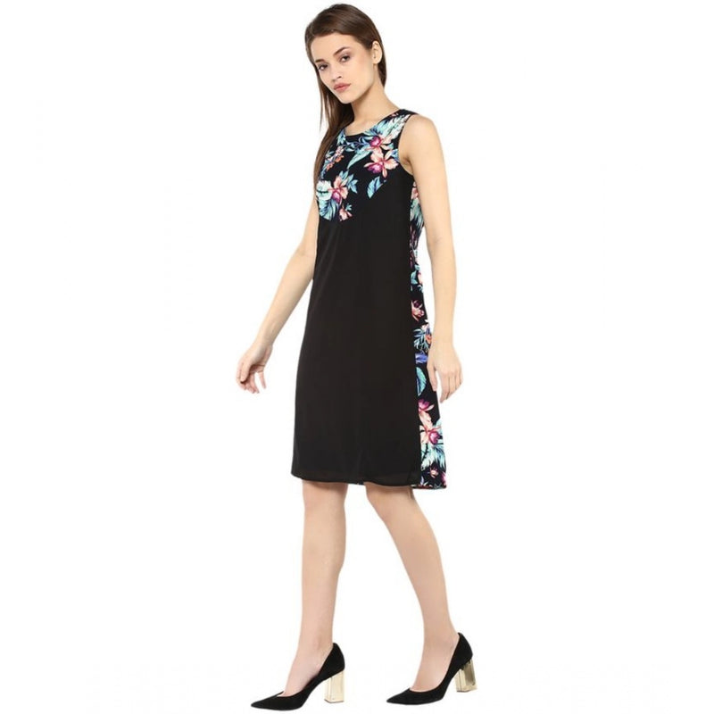 Mayawye Women's Polyester Printed Sleeveless Above Knee Dress (Black - Multicolor)