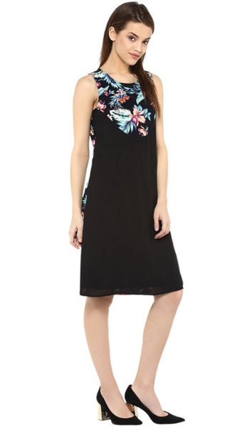 Mayawye Women's Polyester Printed Sleeveless Above Knee Dress (Black - Multicolor)