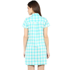 Mayawye Women's Rayon Checkered Short Sleeve Above Knee Dress (SkuBlue - White)