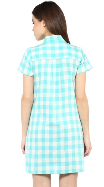 Mayawye Women's Rayon Checkered Short Sleeve Above Knee Dress (SkuBlue - White)